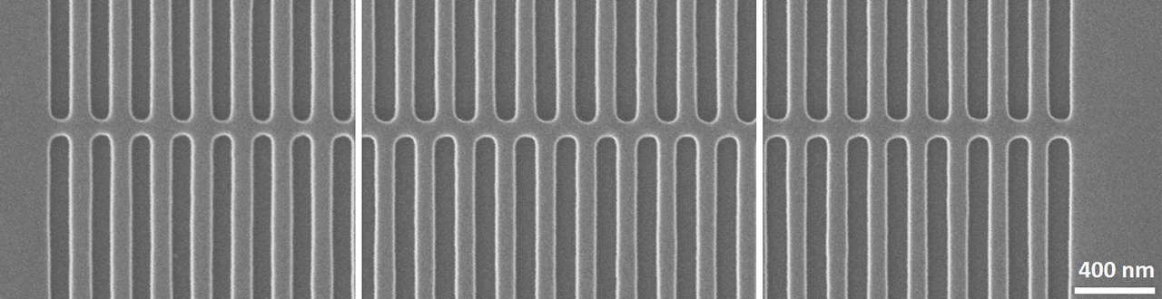 SEM image of the start-, middle-, and end-section of two 2 mm long gratings for DFB laser