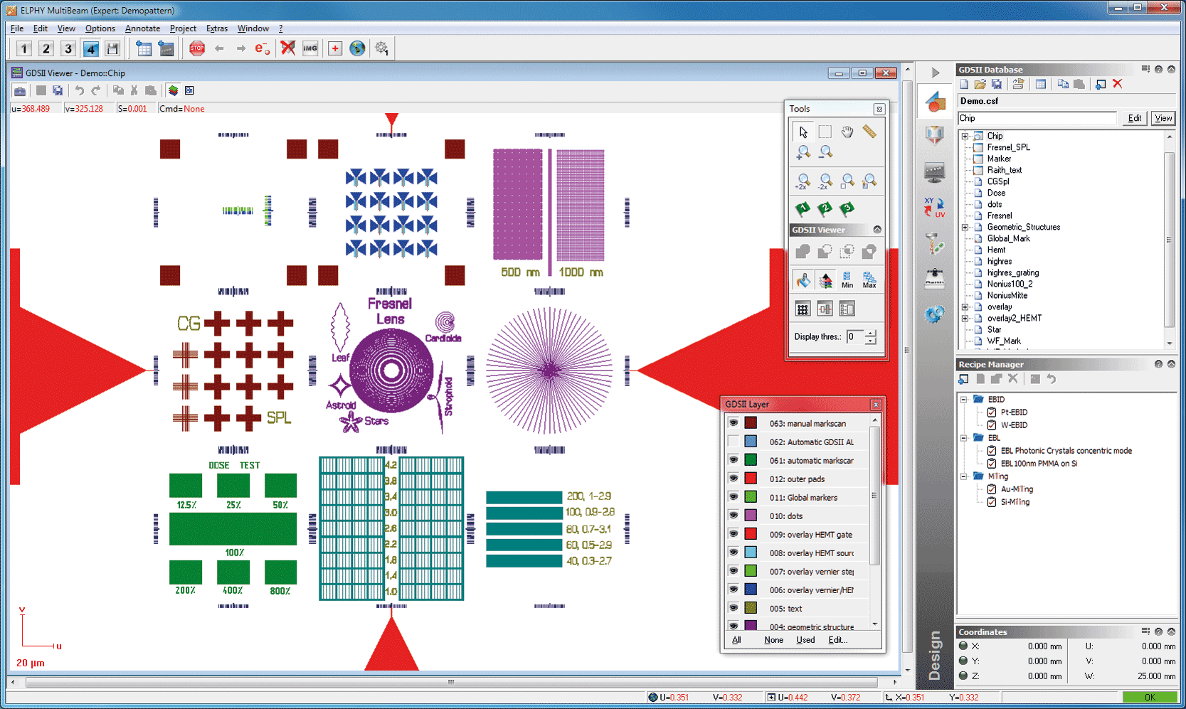 Screenshot of the Raith Nanosuite software with Integrated GDSII layout editor