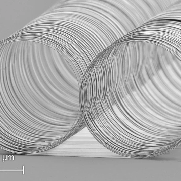 SEM image of two self-rolling beam tubes